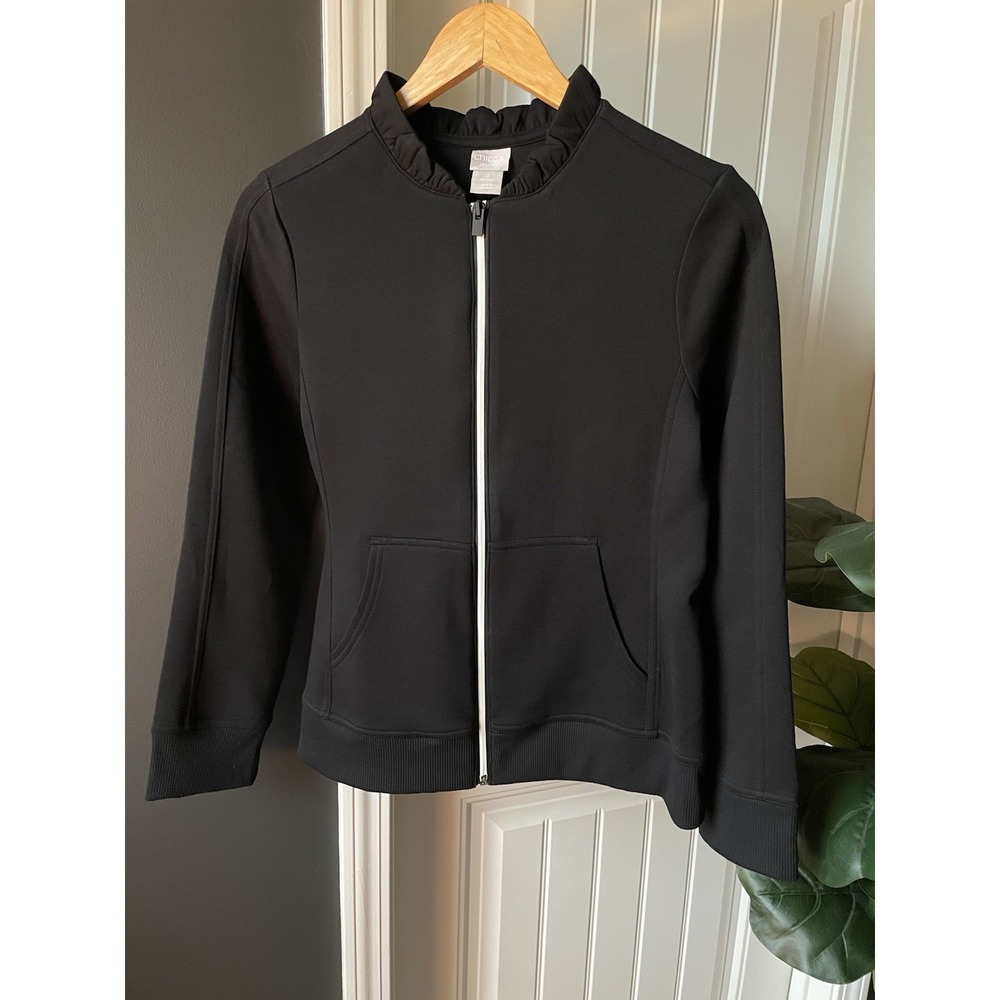 Chico's Zenergy Track Jacket Black Sporty Chic Full Zip Pockets Size 0 US 4